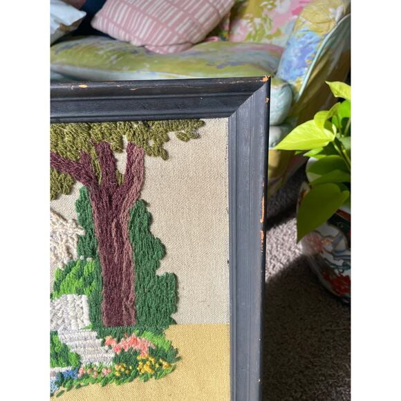 Vtg Framed Crewel Embroidery Springtime Gazebo Needlepoint Floral Grandmacore - Picture 12 of 16